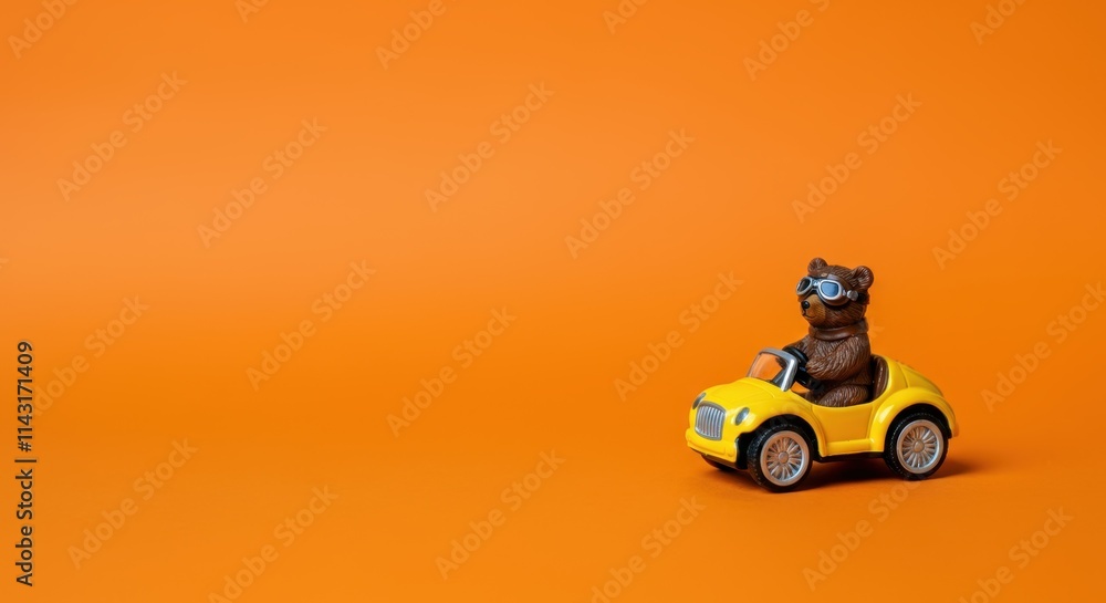 Obraz premium Toy bear in yellow car on orange background with childlike playfulness