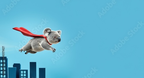 Koala in red cape flying over city buildings on clear day, superhero themed concept photo