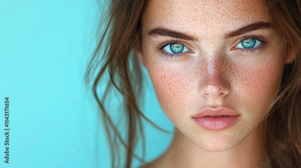 A young woman poses with a captivating expression, showcasing her bright blue eyes and light freckles. Her hair softly falls around her face, creating a serene atmosphere A young woman poses with a captivating expression, showcasing her bright blue eyes and light freckles. Her hair softly falls around her face, creating a serene atmosphere