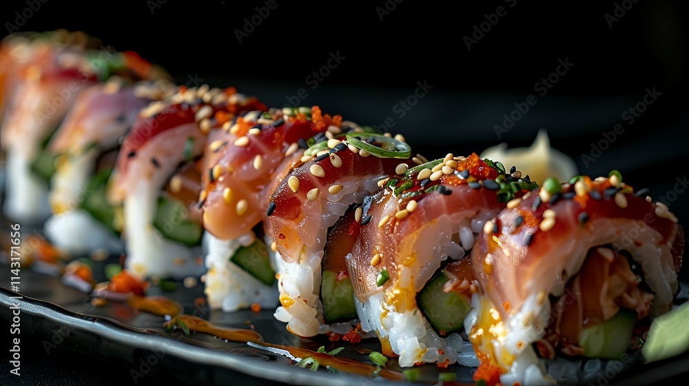 Delicious Spicy Tuna Sushi Roll Topped with Sesame Seeds and Tobiko Delicious Spicy Tuna Sushi Roll Topped with Sesame Seeds and Tobiko
