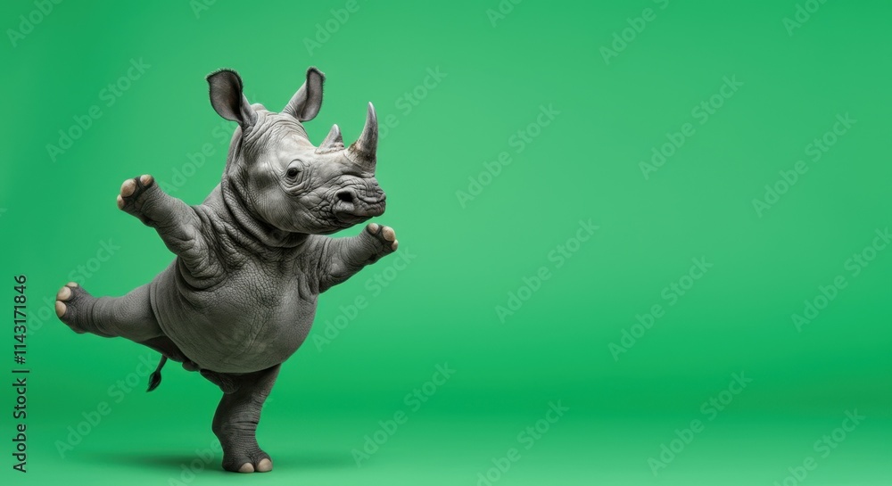 Baby rhino balancing on one leg against green background Baby rhino balancing on one leg against green background
