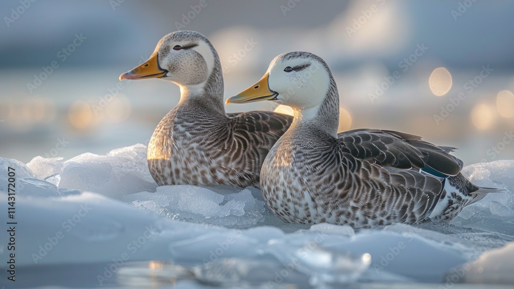 Ducks Resting on Ice Amidst Golden Sunset Reflections Ducks Resting on Ice Amidst Golden Sunset Reflections