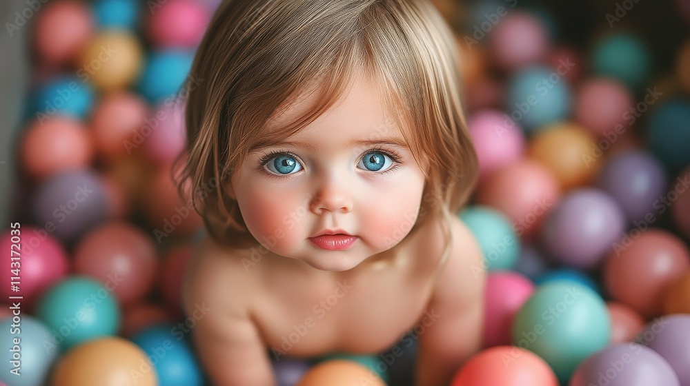 A toddler with blue eyes and light brown hair enjoys exploring a ball pit filled with colorful balls. The bright surroundings create a cheerful atmosphere for playtime A toddler with blue eyes and light brown hair enjoys exploring a ball pit filled with colorful balls. The bright surroundings create a cheerful atmosphere for playtime