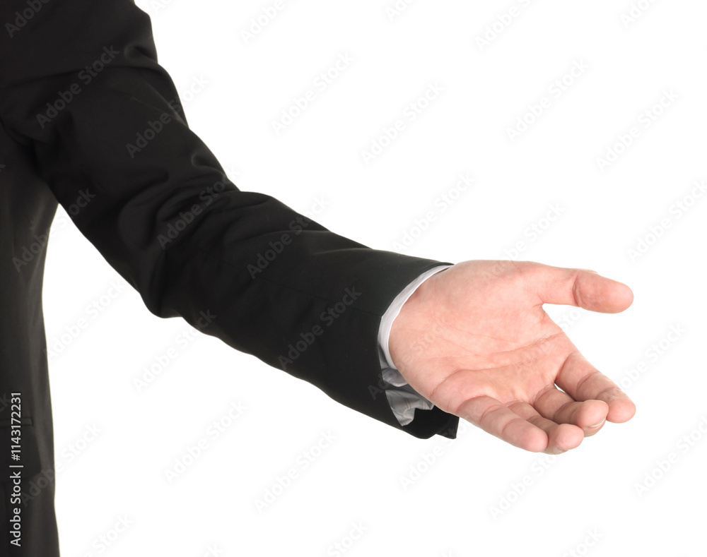 Offering help. Man reaching his hand on white background, closeup Offering help. Man reaching his hand on white background, closeup