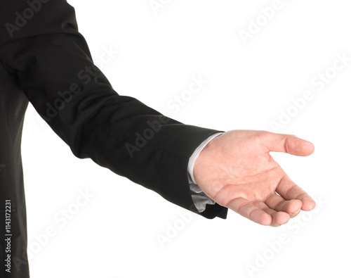 Offering help. Man reaching his hand on white background, closeup