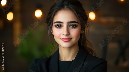 Wallpaper Mural A young woman stands confidently, showcasing a warm smile and professional attire. The backdrop features softly lit decorative bulbs, enhancing the ambiance Torontodigital.ca