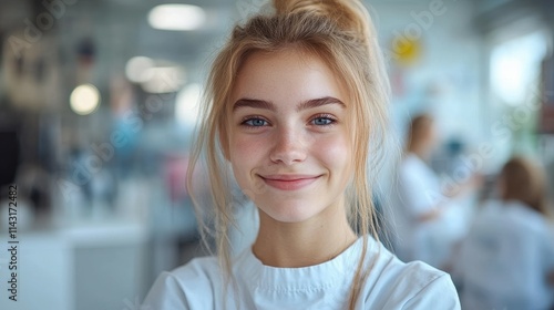A girl with long blonde hair ties smiles warmly while standing in a lively indoor space. Soft natural light enhances the cheerful and inviting atmosphere, reflecting her joyful spirit