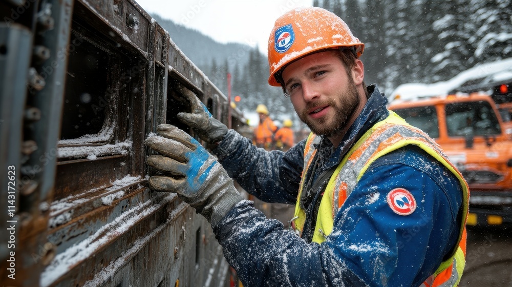 A man dressed in winter work attire adjusts a vehicle at a snowy mountain site. Colleagues can be seen working in the background, highlighting a busy construction area A man dressed in winter work attire adjusts a vehicle at a snowy mountain site. Colleagues can be seen working in the background, highlighting a busy construction area
