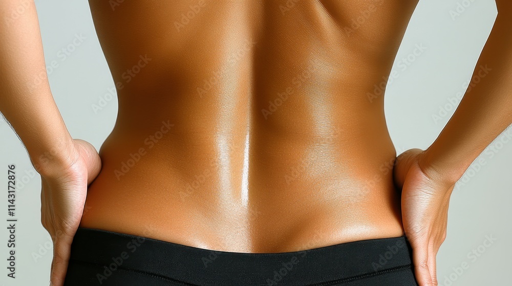 A woman stands with her back turned, highlighting her toned physique and smooth skin. The setting is minimalistic and well-lit, contributing to a serene atmosphere A woman stands with her back turned, highlighting her toned physique and smooth skin. The setting is minimalistic and well-lit, contributing to a serene atmosphere