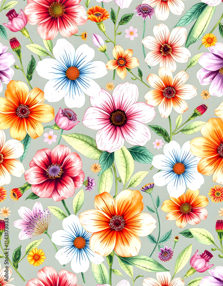Watercolor hand drawn seamless pattern of flowers created with technology, with white tones Watercolor hand drawn seamless pattern of flowers created with technology, with white tones
