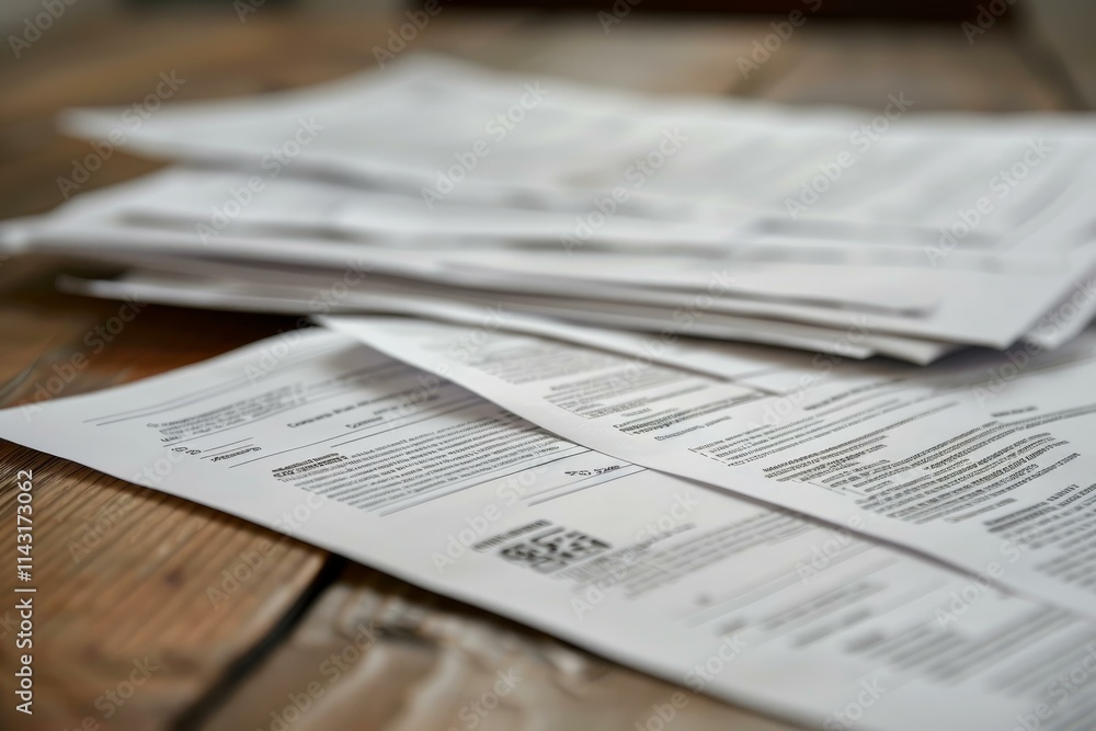 Stack of paperwork with fine print sits on a wooden table, awaiting someone to sort through it Stack of paperwork with fine print sits on a wooden table, awaiting someone to sort through it