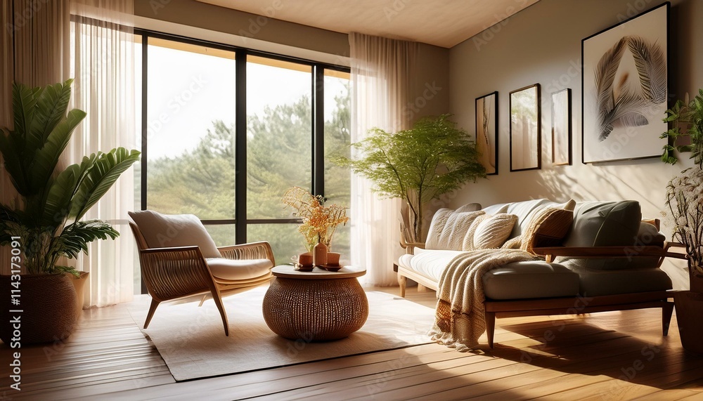 Cozy room with warm decoration and plants Cozy room with warm decoration and plants