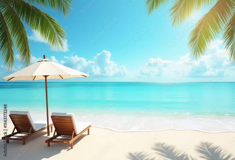 Obraz premium Two wooden lounge chairs sit beneath a straw umbrella on a sandy beach. The tranquil sea reflects a bright blue sky, while palm trees sway gently in the breeze. Ideal for relaxation. Generative AI