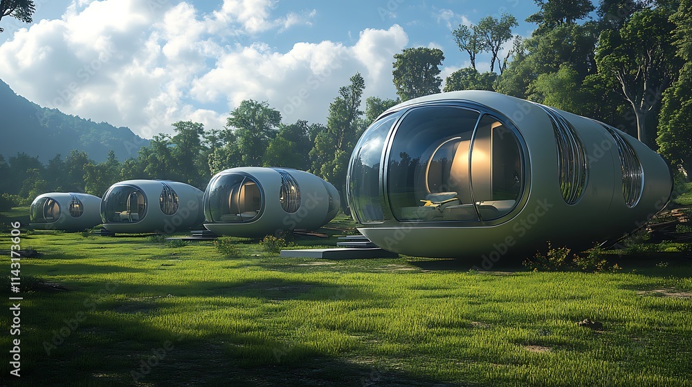 Futuristic Eco-Friendly Capsule Homes in a Serene Forest Setting Futuristic Eco-Friendly Capsule Homes in a Serene Forest Setting