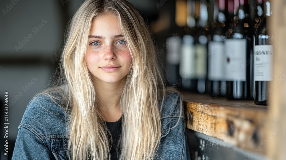 A young woman with long, wavy hair sits comfortably at a bar, smiling softly. Behind her, shelves filled with various wine bottles create an inviting atmosphere in the trendy establishment A young woman with long, wavy hair sits comfortably at a bar, smiling softly. Behind her, shelves filled with various wine bottles create an inviting atmosphere in the trendy establishment