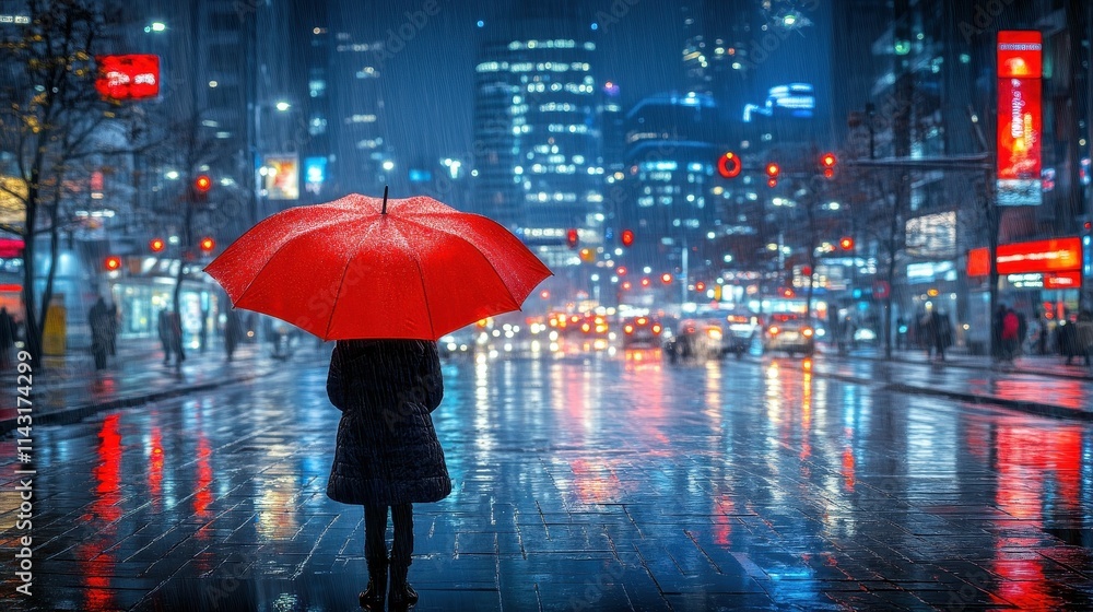 A person holds a bright red umbrella while standing on a wet street during a rainy night. Skyscrapers illuminate the dark surroundings with vibrant lights, creating a reflective surface A person holds a bright red umbrella while standing on a wet street during a rainy night. Skyscrapers illuminate the dark surroundings with vibrant lights, creating a reflective surface