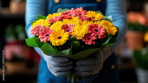 Wallpaper Mural A person wearing gloves presents a vibrant bouquet of gerbera daisies in shades of yellow and pink. The backdrop features various plants and flowers in a well-lit flower shop Torontodigital.ca