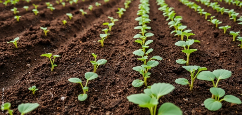 Young plants grow in rows in garden. Green sprouts show different stages of development. Organic farming method displayed. Plants look healthy, thrive in fertile soil. New life emerges from earth. Young plants grow in rows in garden. Green sprouts show different stages of development. Organic farming method displayed. Plants look healthy, thrive in fertile soil. New life emerges from earth.
