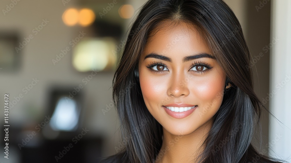 A young woman with long, dark hair and a warm smile stands in a well-lit indoor space. Her joyful expression conveys confidence and positivity, creating an inviting atmosphere A young woman with long, dark hair and a warm smile stands in a well-lit indoor space. Her joyful expression conveys confidence and positivity, creating an inviting atmosphere