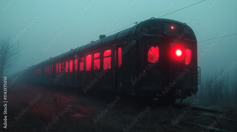 Fototapeta premium Red train traveling through foggy landscape at night
