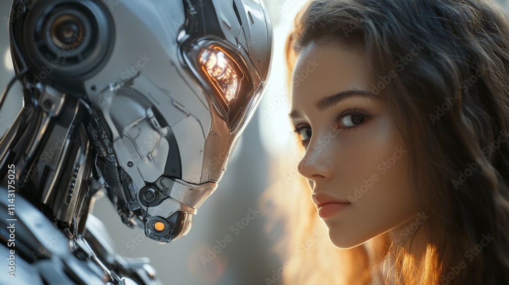 Close-up of woman and humanoid robot in emotional moment Close-up of woman and humanoid robot in emotional moment