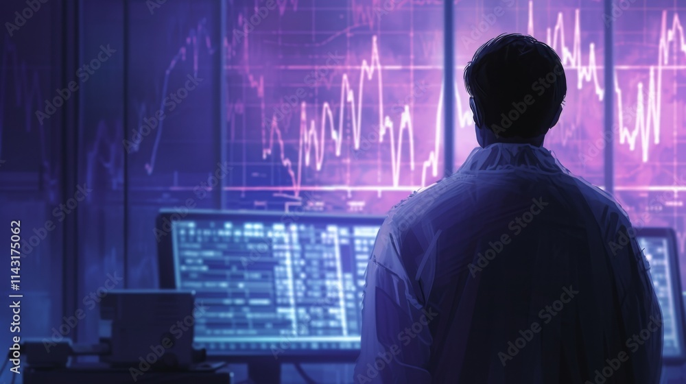 A backlit scene of a trader standing before glowing monitors displaying financial charts and stock data, reflecting a tech-driven workspace. AI generated. A backlit scene of a trader standing before glowing monitors displaying financial charts and stock data, reflecting a tech-driven workspace. AI generated.