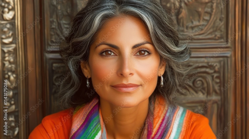 Fototapeta premium A woman with long, wavy hair and warm skin tone gazes confidently at the viewer. She wears a colorful scarf and stands against a detailed wooden wall, exuding grace and strength