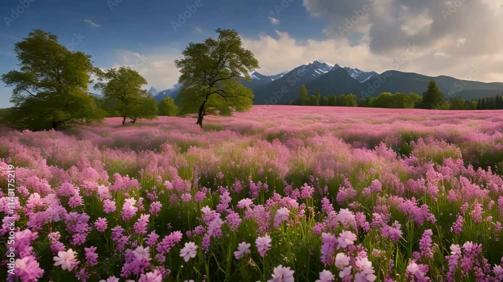 Endless Field of Pink Wildflowers with Mountain Backdrop, A breathtaking view of an endless pink wildflower field with majestic mountains and lush green trees under a clear blue sky Endless Field of Pink Wildflowers with Mountain Backdrop, A breathtaking view of an endless pink wildflower field with majestic mountains and lush green trees under a clear blue sky