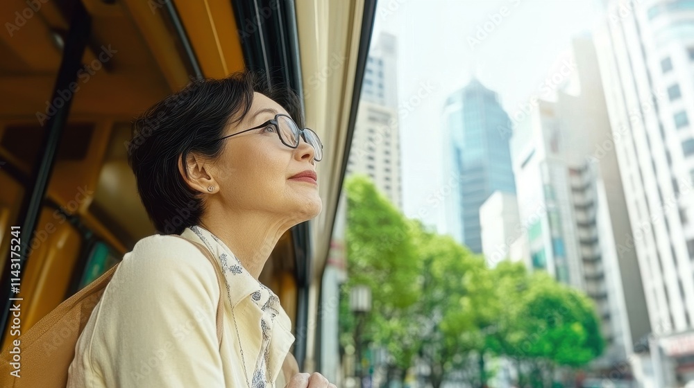 A woman gazes thoughtfully out the window of a public bus, appreciating the tall buildings and bright sunlight of a modern city