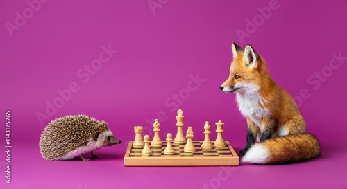 Hedgehog and fox playing chess against purple background