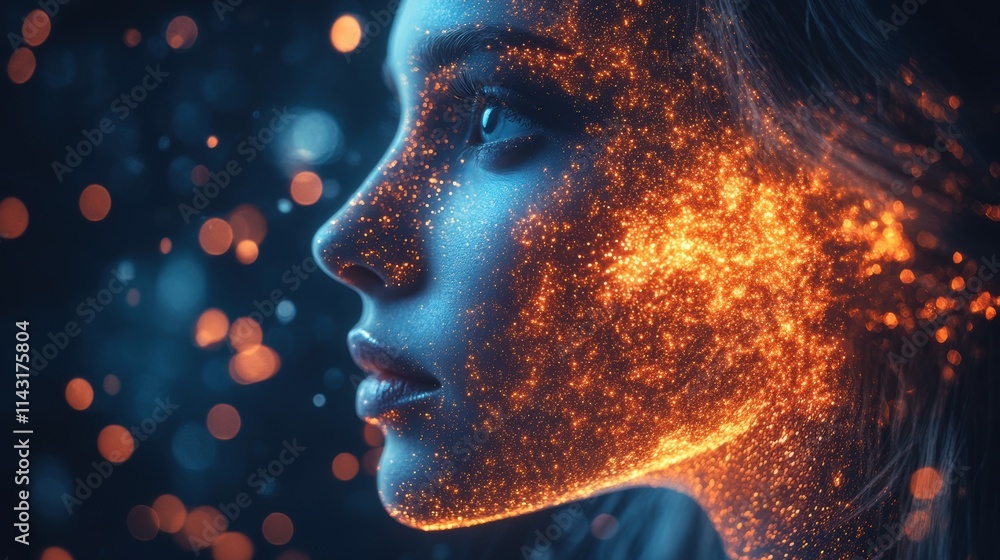 Profile of a Woman with Abstract Glowing Particles on Her Face, Representing the Intersection of Human and Digital Realities through Artistic Expression and Light in Futuristic Imagery Profile of a Woman with Abstract Glowing Particles on Her Face, Representing the Intersection of Human and Digital Realities through Artistic Expression and Light in Futuristic Imagery