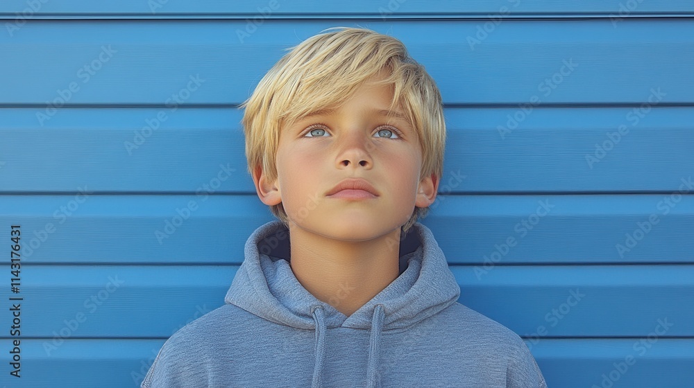 A boy with blonde hair and striking blue eyes looks upwards with a thoughtful expression. He stands against a vibrant blue wall, showcasing a casual look A boy with blonde hair and striking blue eyes looks upwards with a thoughtful expression. He stands against a vibrant blue wall, showcasing a casual look