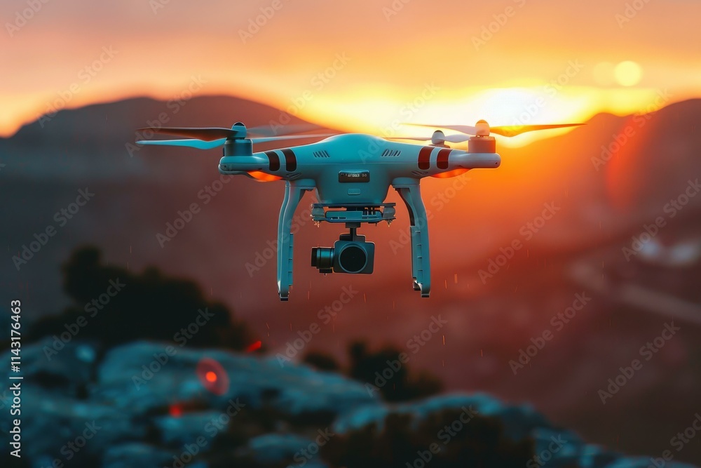 Naklejka premium White drone hovering in the air and recording a mountain landscape during a golden sunset