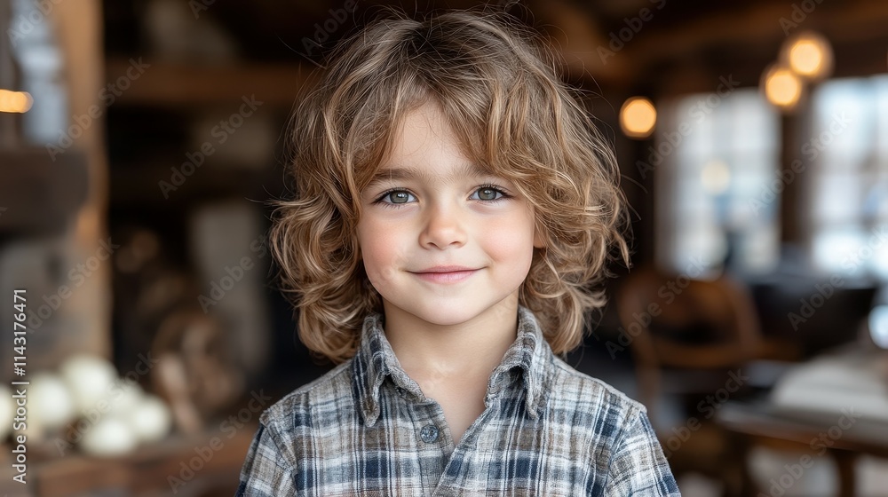 A young boy with curly hair stands smiling in a cozy indoor space filled with warm light and rustic furnishings, creating a welcoming atmosphere A young boy with curly hair stands smiling in a cozy indoor space filled with warm light and rustic furnishings, creating a welcoming atmosphere