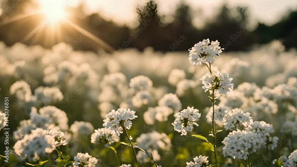 White Wildflowers in Golden Sunlight, A dreamy field of white wildflowers glowing in warm golden sunlight, creating a serene and peaceful atmosphere during sunset White Wildflowers in Golden Sunlight, A dreamy field of white wildflowers glowing in warm golden sunlight, creating a serene and peaceful atmosphere during sunset