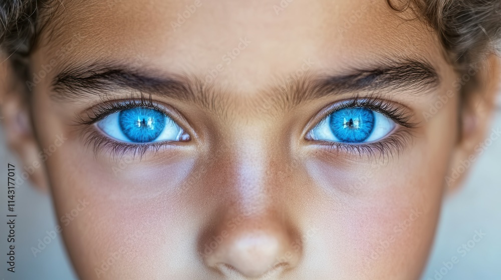 A close-up view of a child's face highlights striking blue eyes filled with wonder and innocence. The soft skin and playful expression enhance the captivating gaze A close-up view of a child's face highlights striking blue eyes filled with wonder and innocence. The soft skin and playful expression enhance the captivating gaze