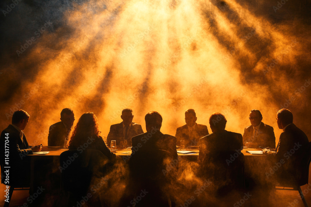 Intense business meeting in dramatic lighting with diverse participants Intense business meeting in dramatic lighting with diverse participants