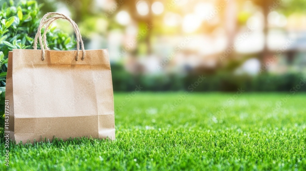 An eco-friendly paper bag resting on vibrant green grass in a sunlit meadow. An eco-friendly paper bag resting on vibrant green grass in a sunlit meadow.