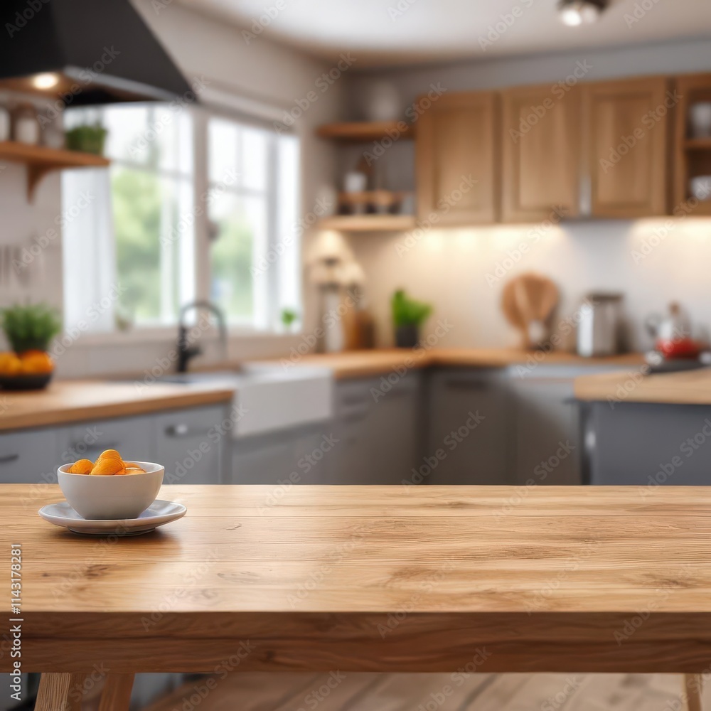 Clean empty table in blurred kitchen background, ready for products , tabletop, preparation, interior Clean empty table in blurred kitchen background, ready for products , tabletop, preparation, interior