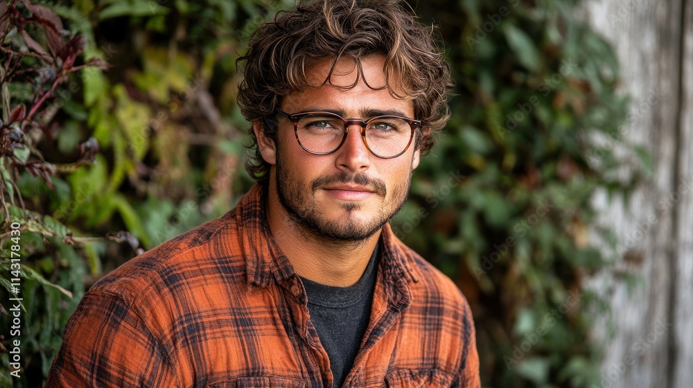 A young man with curly hair and glasses sits comfortably outdoors, wearing a plaid shirt. The vibrant greenery around him creates a relaxed, natural atmosphere A young man with curly hair and glasses sits comfortably outdoors, wearing a plaid shirt. The vibrant greenery around him creates a relaxed, natural atmosphere