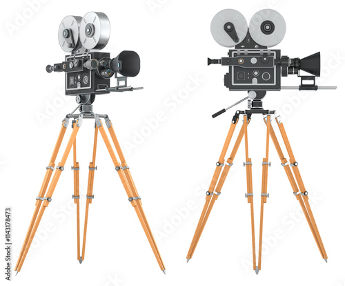 Retro movie camera, side and front views. 3D rendering isolated on transparent background