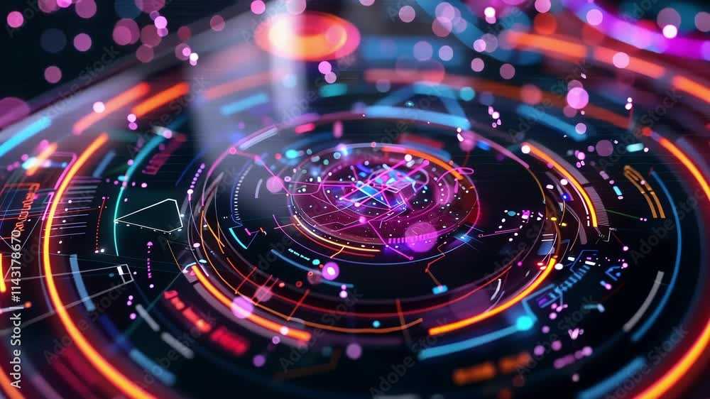 Futuristic hologram showing rotating circular interface with glowing lights and data processing, representing advanced technology and innovation Futuristic hologram showing rotating circular interface with glowing lights and data processing, representing advanced technology and innovation