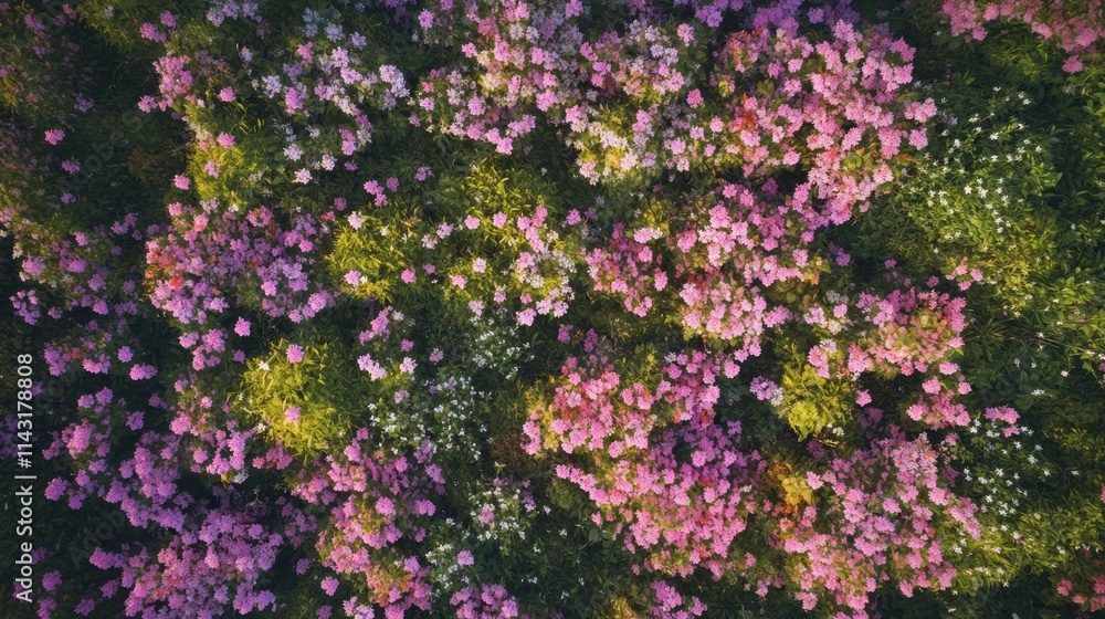 Aerial view of flower field blooming Aerial view of flower field blooming
