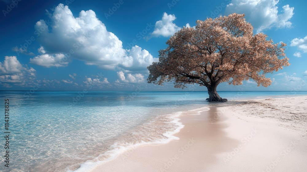 Solitary Tree Standing Resilient on a Pristine Beach with Turquoise Ocean and Lush Clouds in a Serene and Idyllic Coastal Landscape Solitary Tree Standing Resilient on a Pristine Beach with Turquoise Ocean and Lush Clouds in a Serene and Idyllic Coastal Landscape