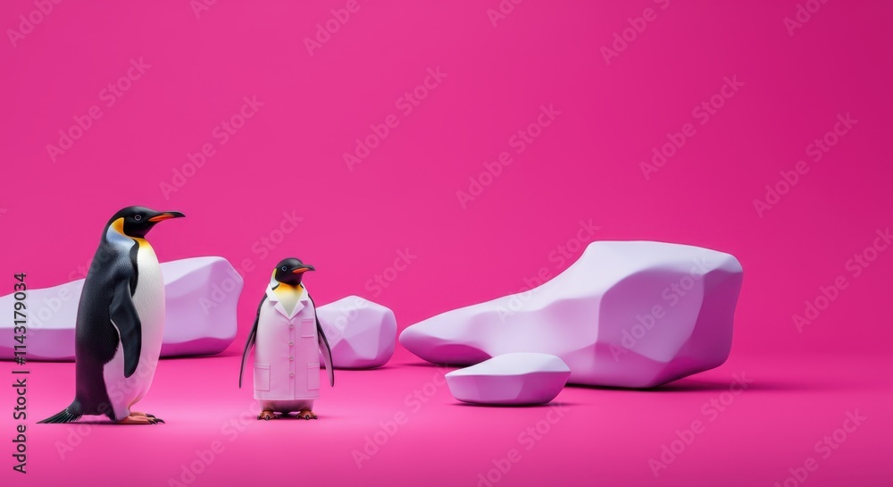 Obraz premium Penguins on pink background with white rocks, one in lab coat