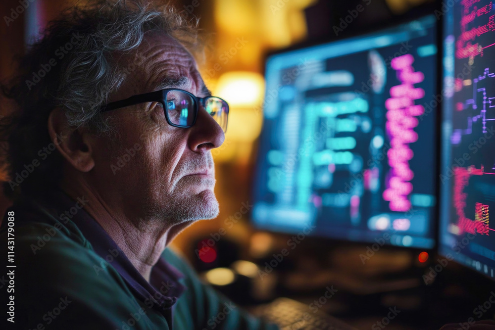 Elderly caucasian male programmer focused on coding at dual monitors Elderly caucasian male programmer focused on coding at dual monitors