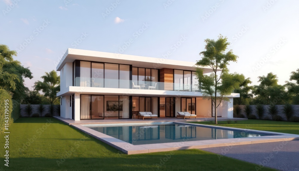 Modern house with swimming pool. Exterior view of contemporary home. Spacious backyard with well-maintained lawn. Large windows provide lot of natural light. Relaxation area with patio furniture. Modern house with swimming pool. Exterior view of contemporary home. Spacious backyard with well-maintained lawn. Large windows provide lot of natural light. Relaxation area with patio furniture.