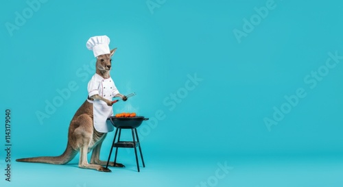 Kangaroo dressed as chef grilling sausages on small barbecue against bright blue background