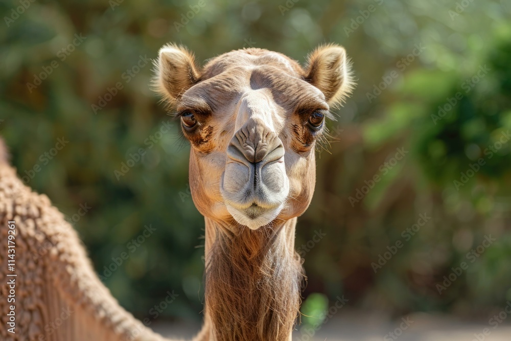 Fototapeta premium Camel is standing in front of a green background on a sunny day