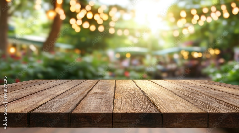Empty wooden table in a blurred outdoor cafe setting. Empty wooden table in a blurred outdoor cafe setting.